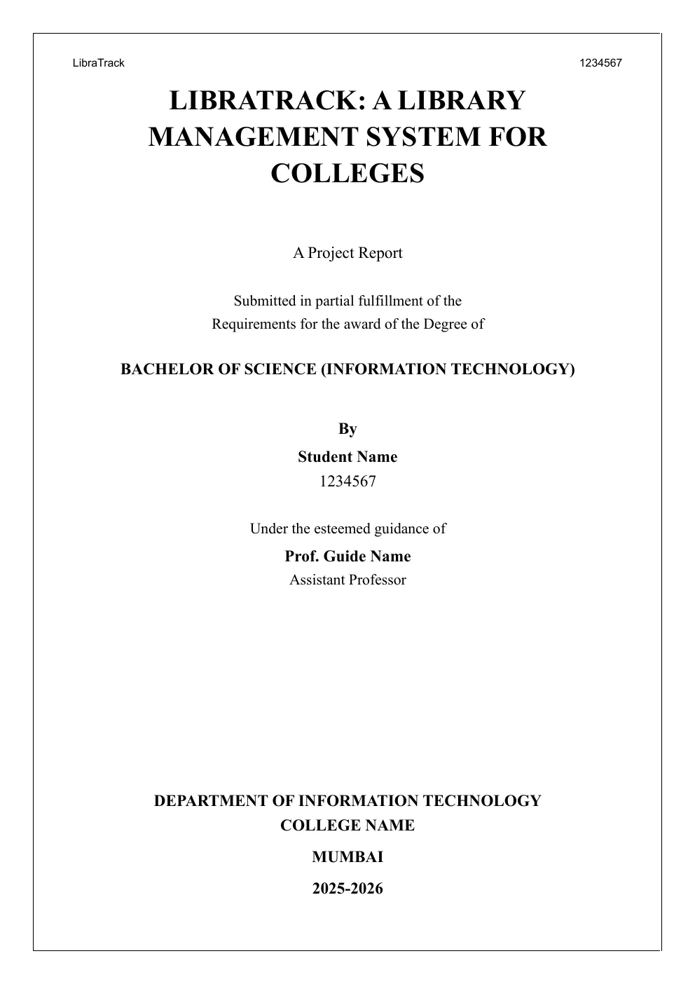 The title page of the sample blackbook