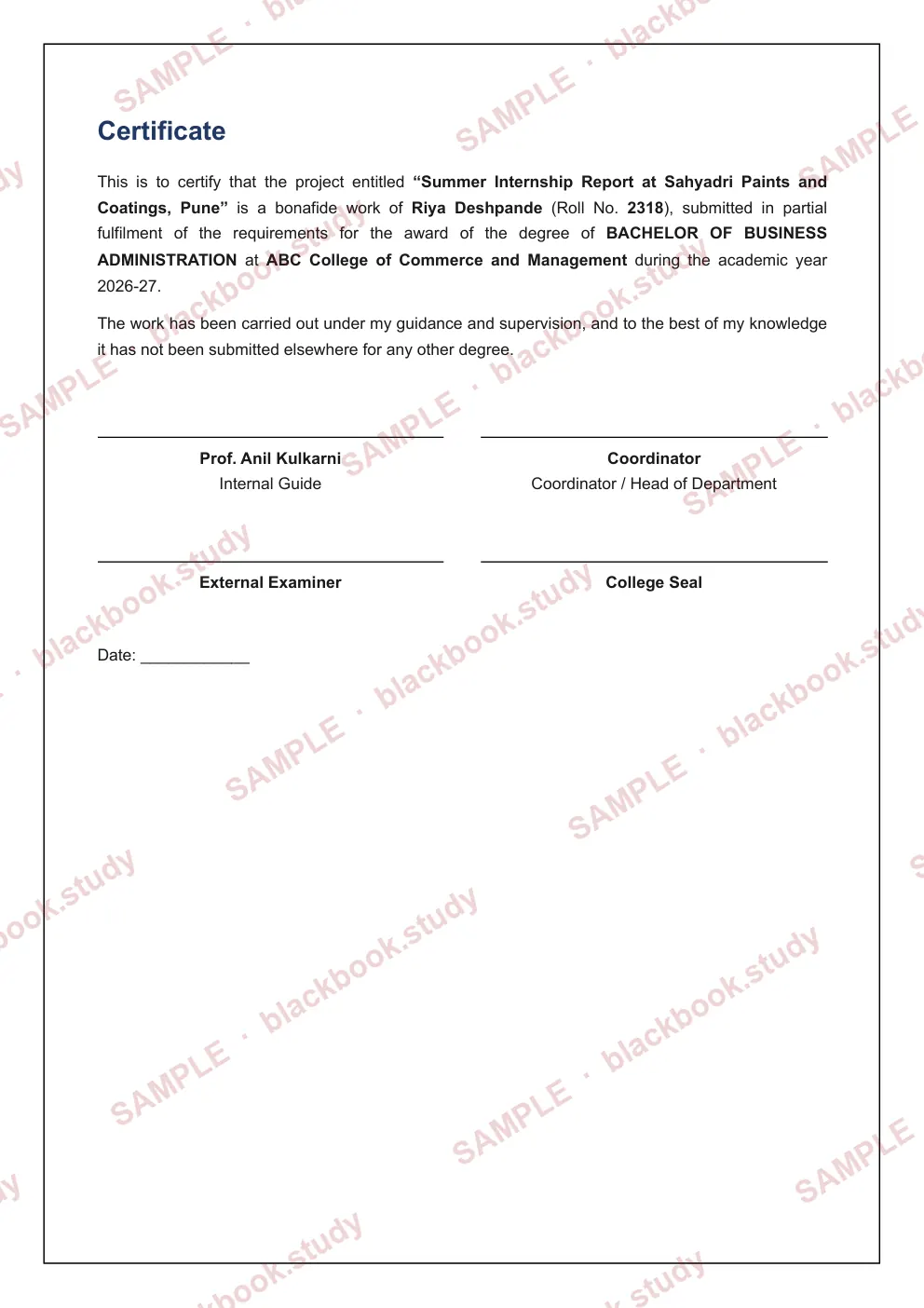 Sample blackbook page 2: Certificate