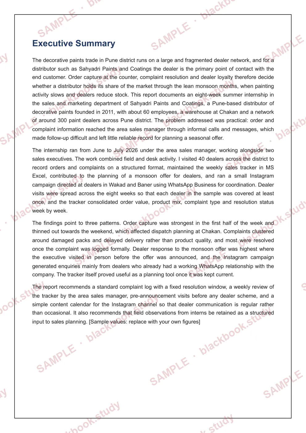 Sample blackbook page 5: Executive summary