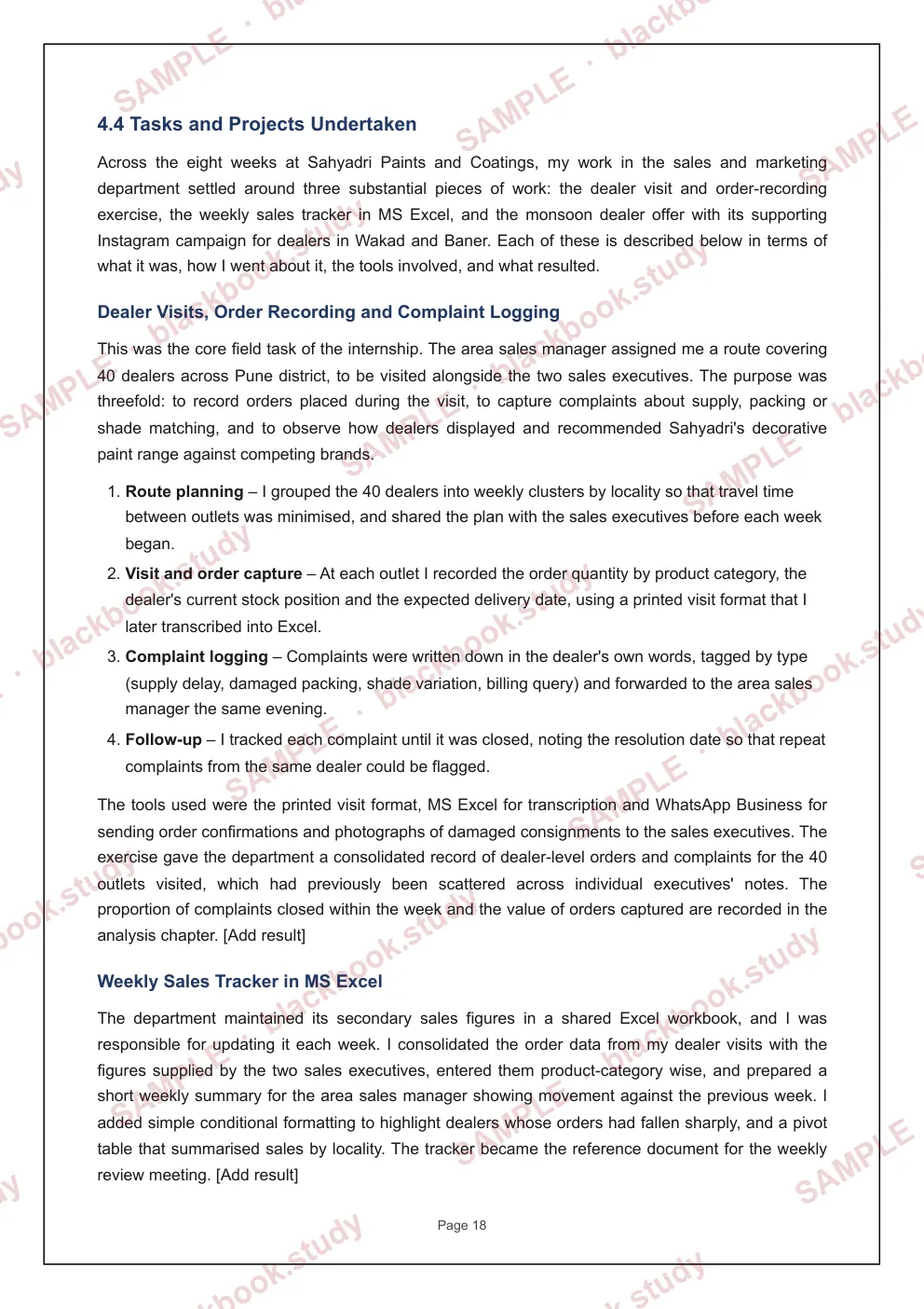 Sample blackbook page 25: 4.4 Tasks and projects