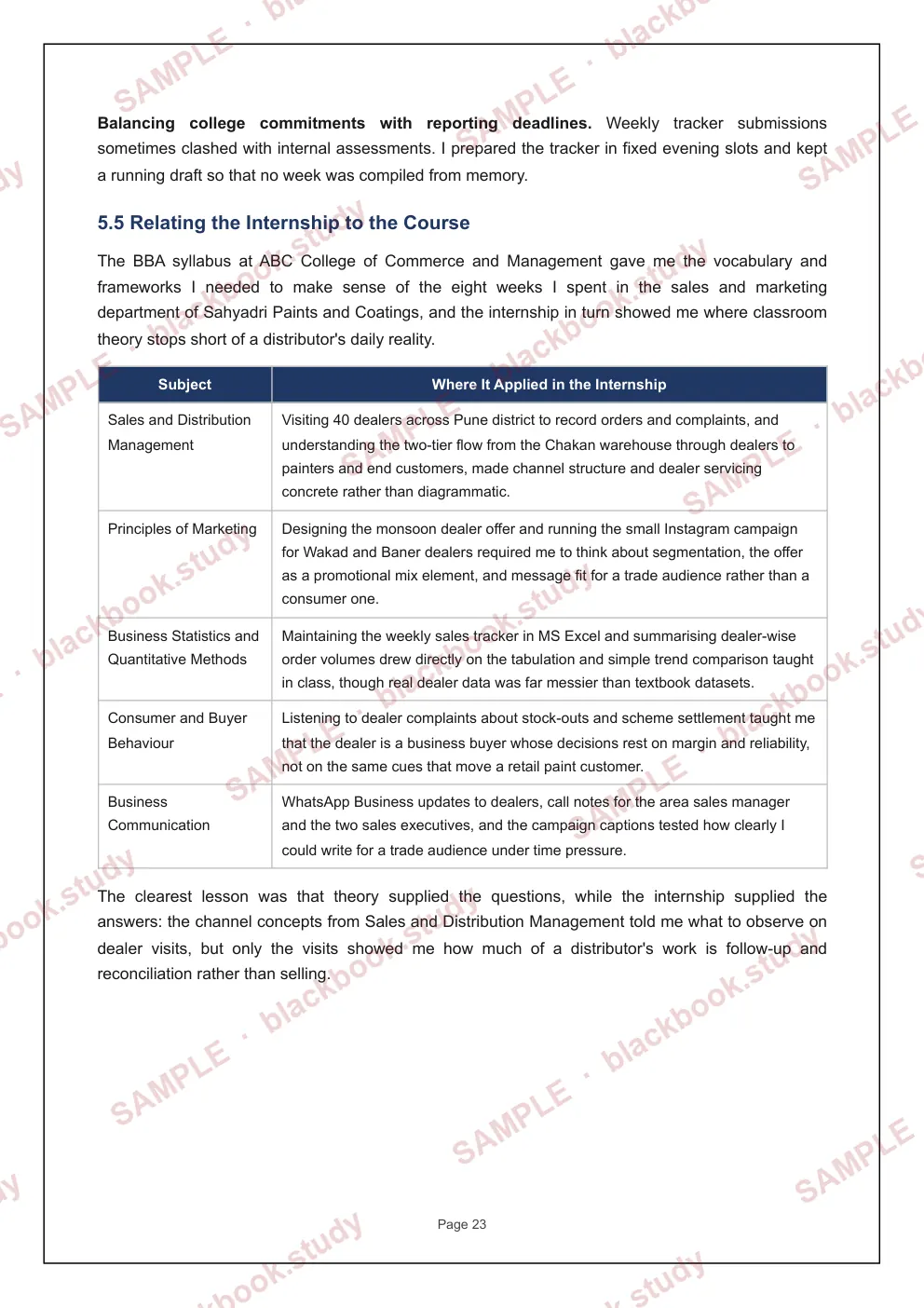 Sample blackbook page 30: 5.5 Relating the internship to the course