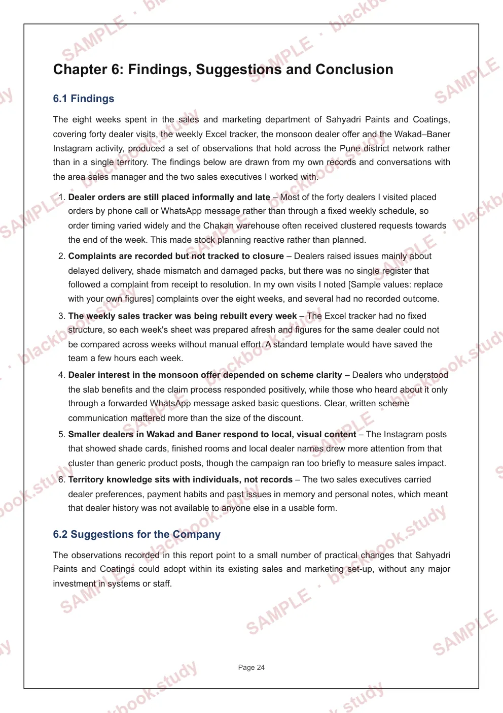 Sample blackbook page 31: Chapter 6: Findings and suggestions