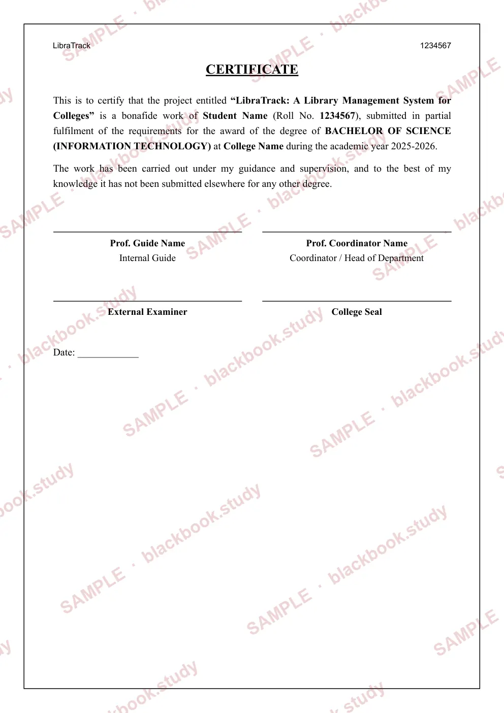 Sample blackbook page 2: Certificate