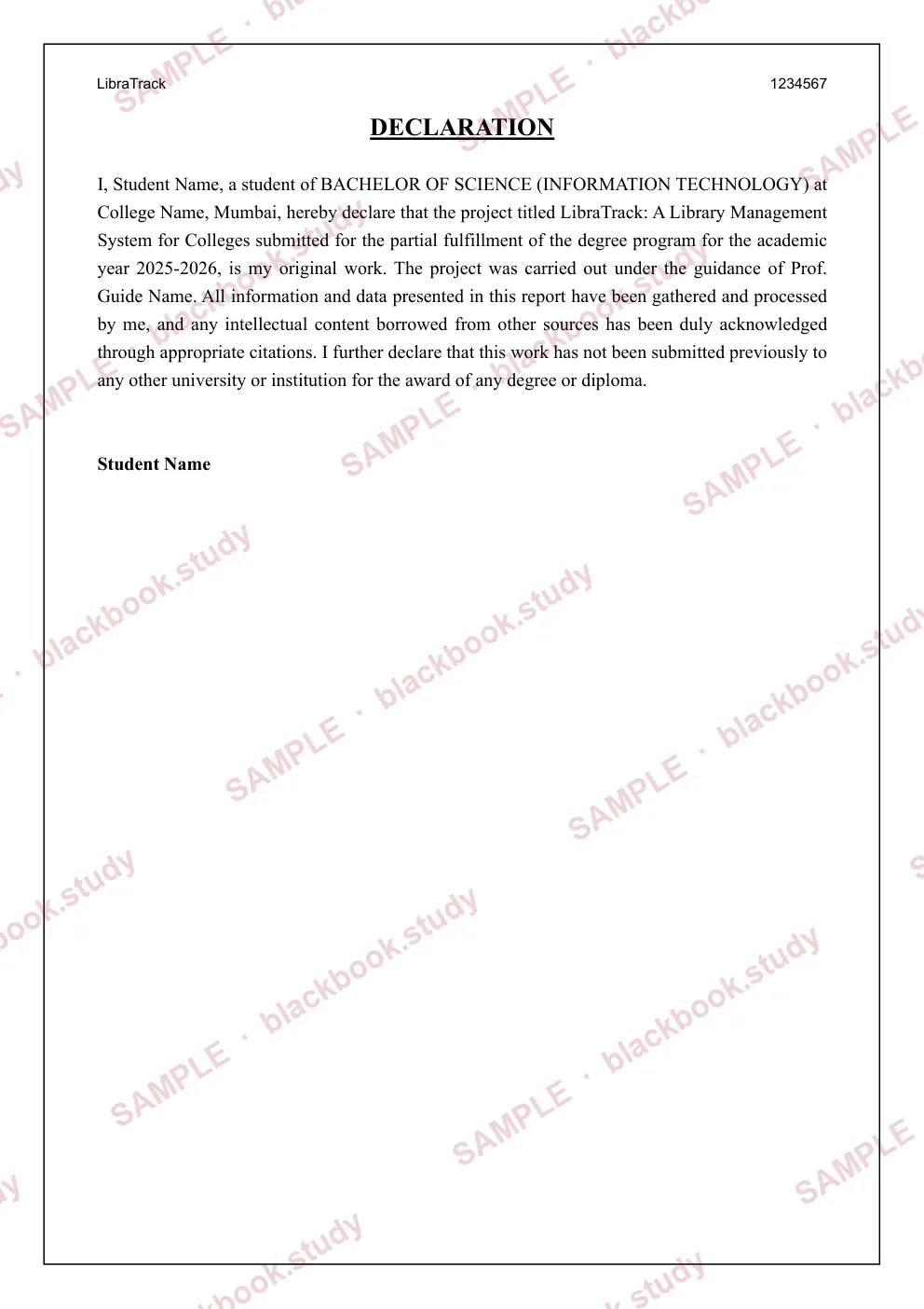 Sample blackbook page 3: Declaration