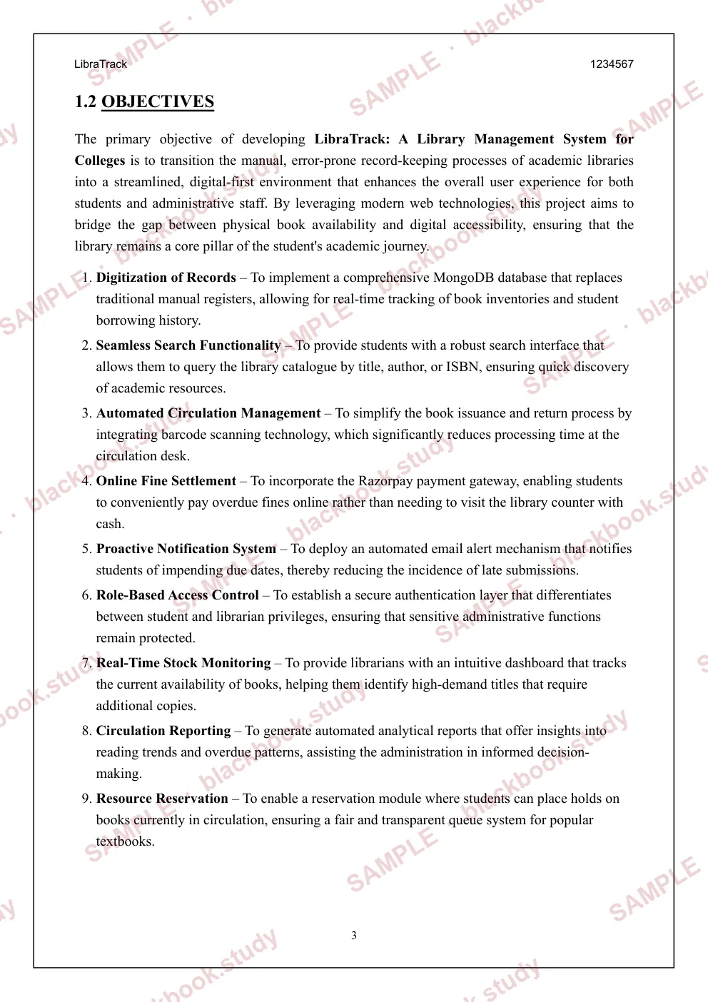 Sample blackbook page 11: 1.2 Objectives