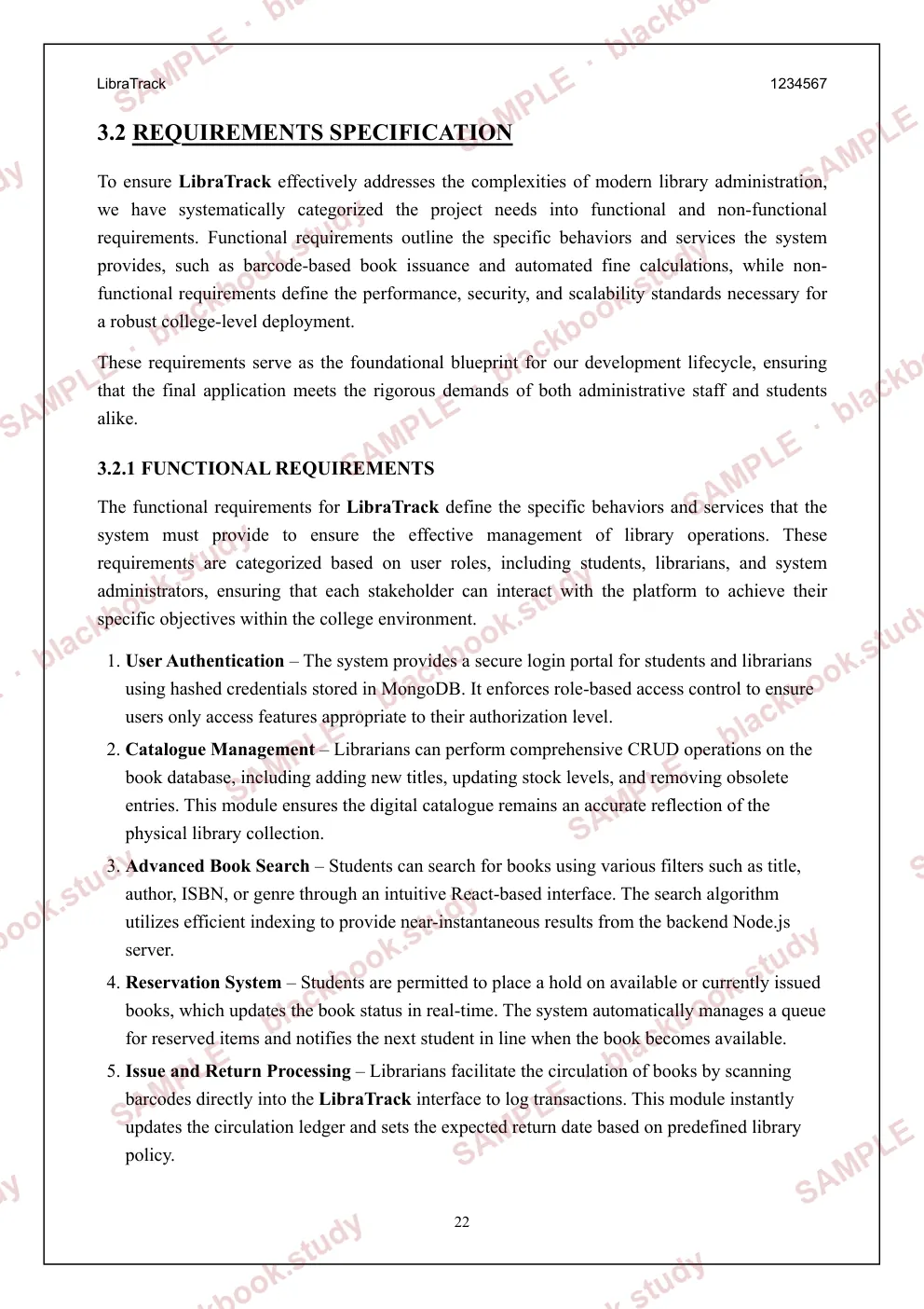 Sample blackbook page 30: 3.2.1 Functional requirements