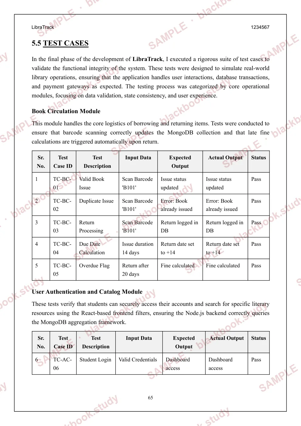 Sample blackbook page 73: 5.5 Test cases