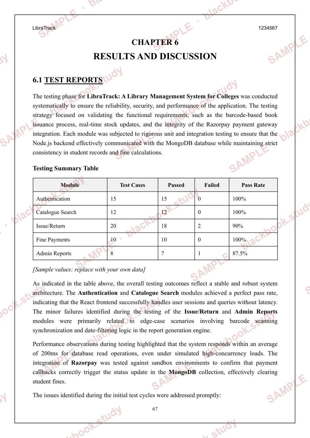 Sample blackbook page 75: 6.1 Test reports