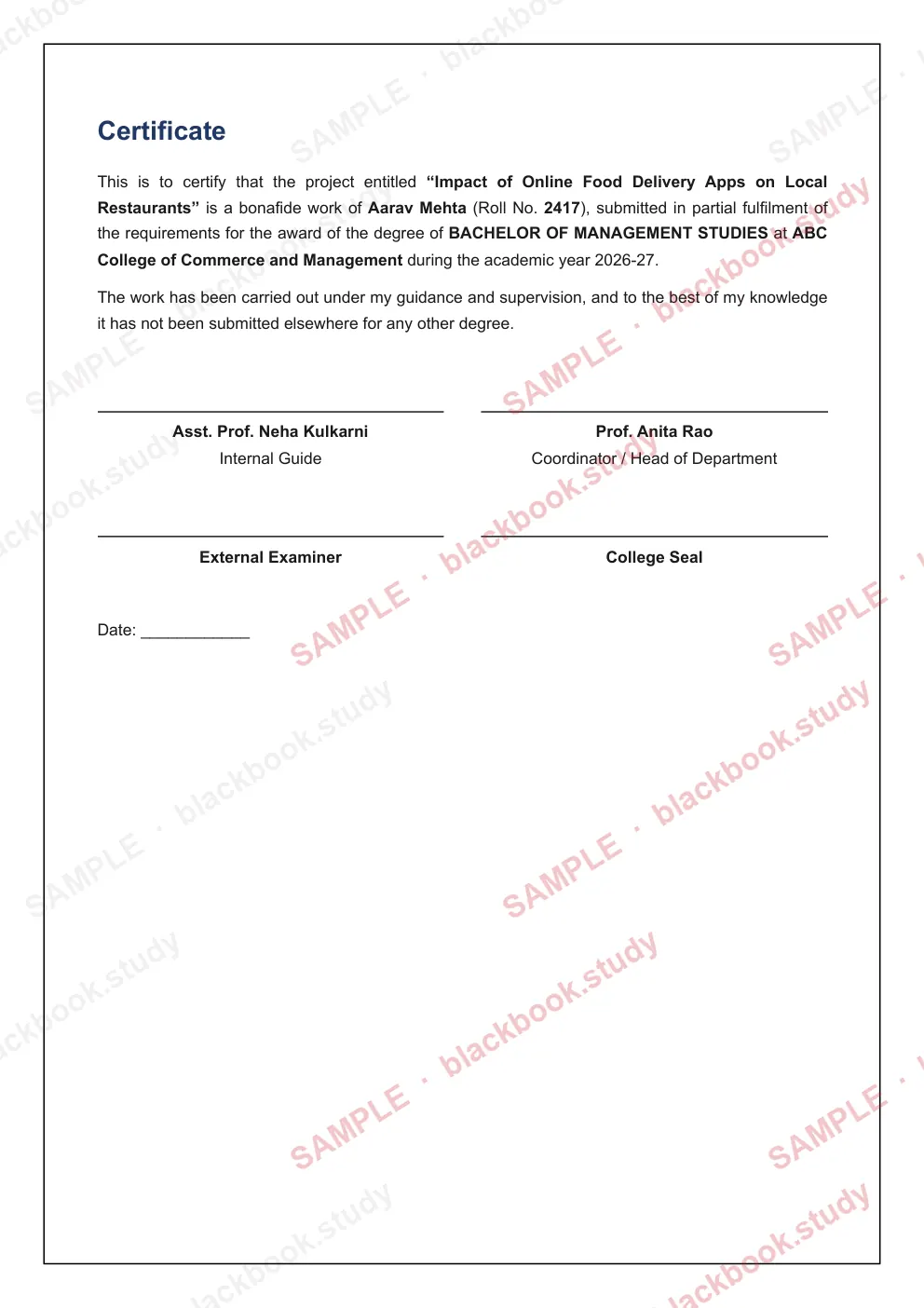 Sample blackbook page 2: Certificate