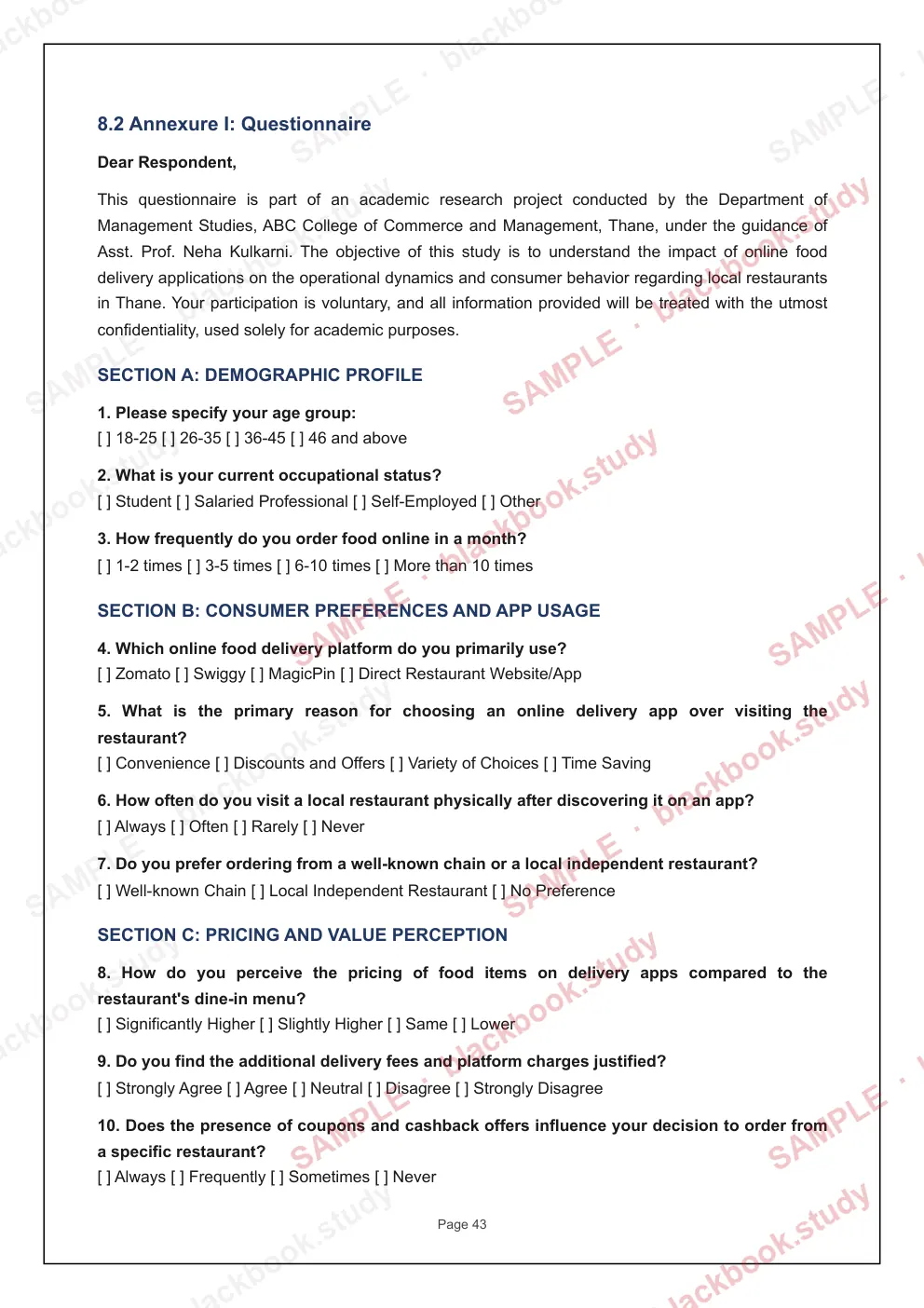 Sample blackbook page 50: Annexure: questionnaire