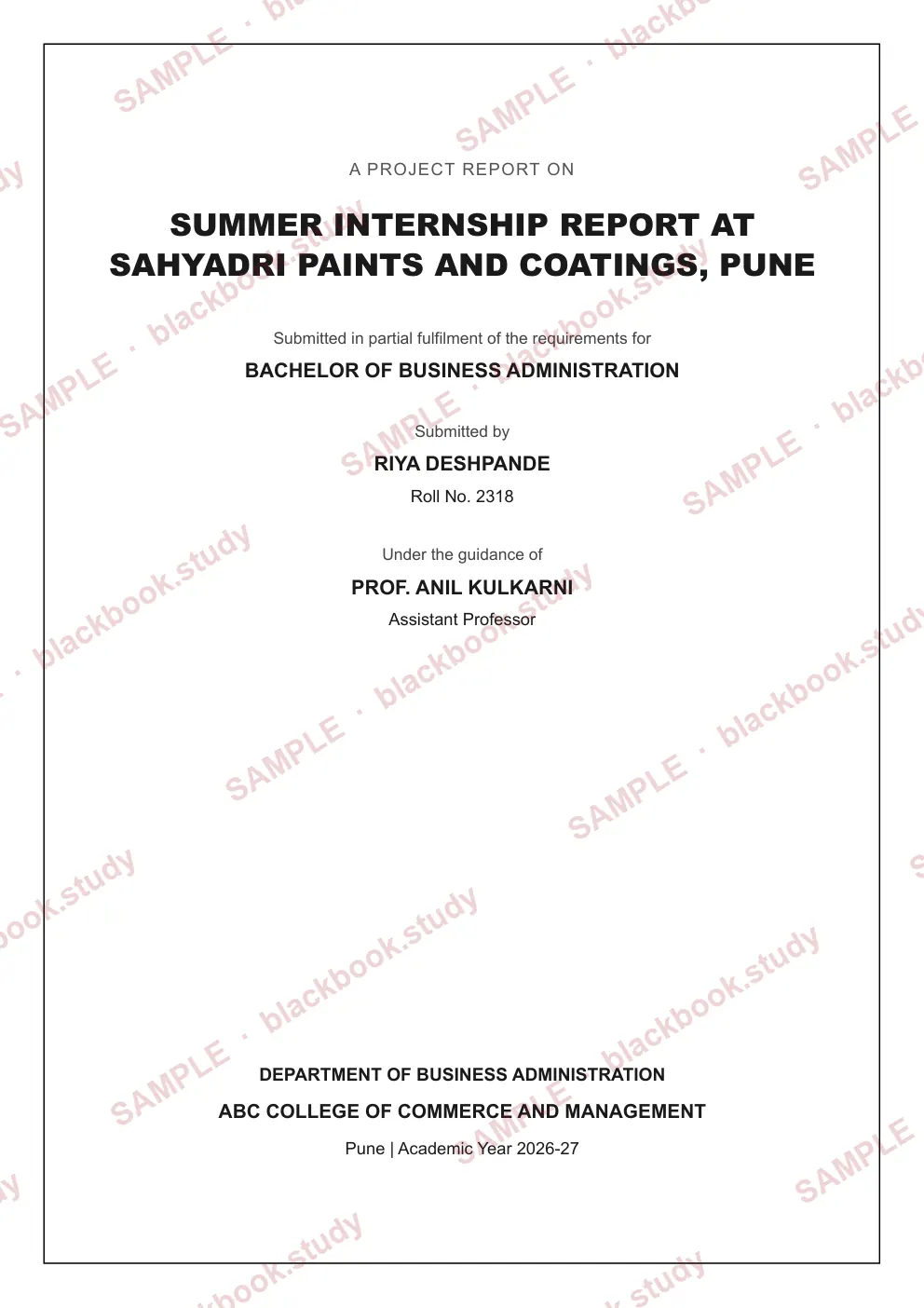 The title page of the sample internship report
