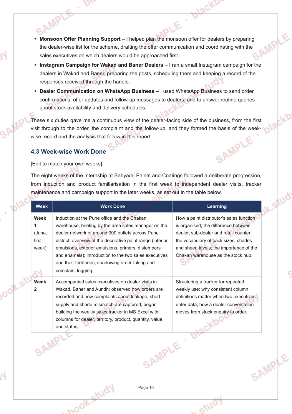 The week-wise work done table from the sample internship report